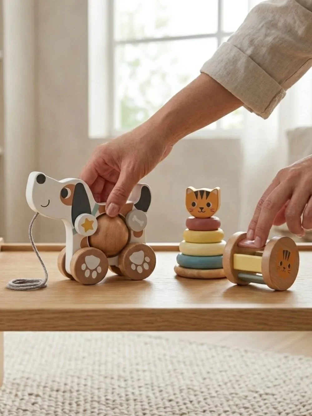 Montessori Wooden Pull Along Dog Toy & Stacking Rings Gift Set New